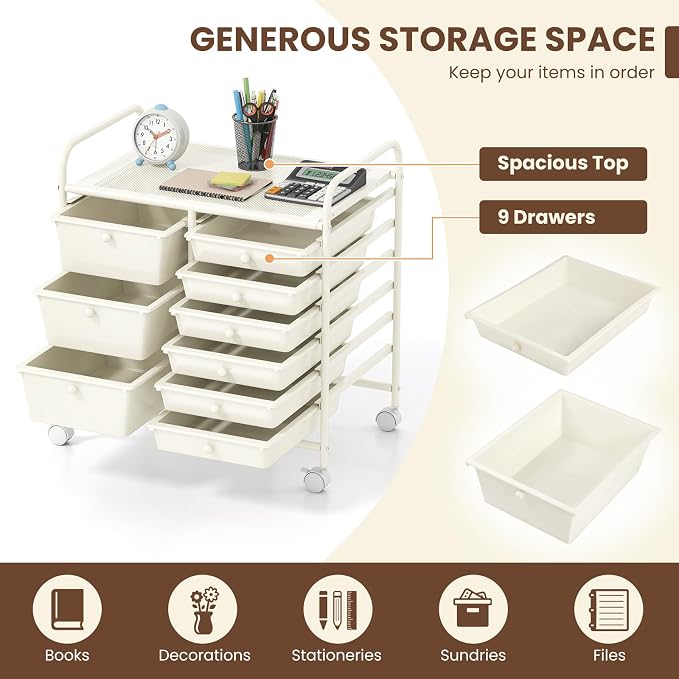 9 Drawer Rolling Storage Cart, Rolling Cart with Drawers for Classroom, Art Supply Craft Organizer on Wheel with Metal Frame & Handles for Home Office School - Image 6
