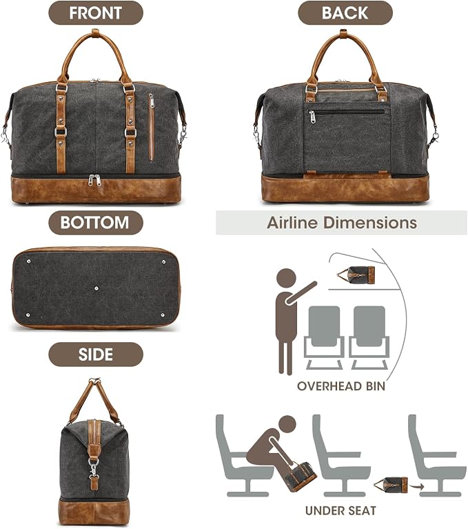 S-ZONE Weekender Bag for Men Canvas Duffle Large Weekend Overnight Travel Carry On Tote Bag with Shoe Compartment Black | Anti-wrinkle Canvas,Adjustable Shoulder Strap,1 Main Compartment and 7 Pockets,with Shoe Compartment - Image 3