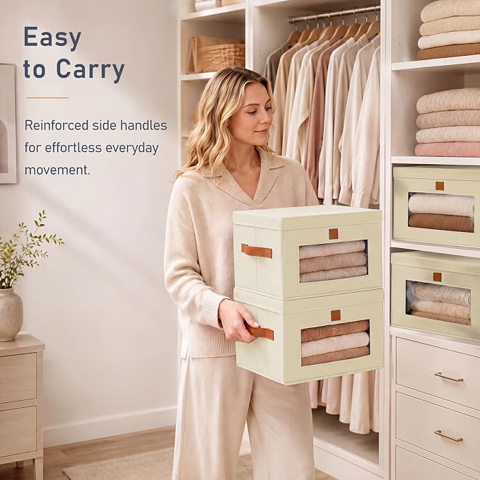 DIMJ Storage Bins with Lids - 4 Pack Front Opening Stackable Fabric Storage Boxes with Clear Window & Handles, Collapsible Closet Organizers for Clothes, Sweaters, Shelf Storage, Bedroom, Beige - Image 5