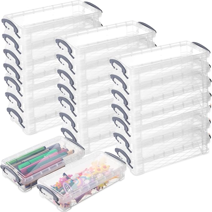 Gueevin 24 Pcs Large Capacity Plastic Pencil Box Clear Plastic Pencil Case Crayon Box with Snap Tight Lid Watercolor Pen Storage Brush Organizer Drawing Tools Container (Gray) by Gueevin