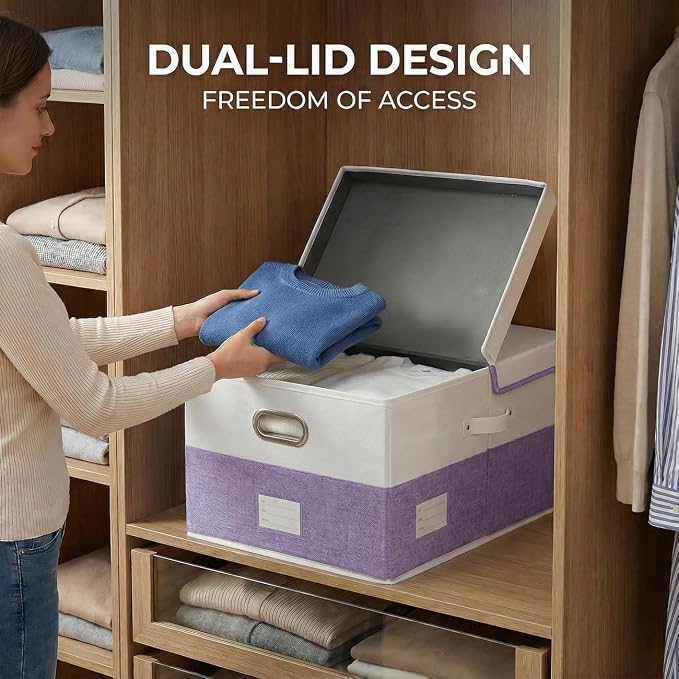 Storage Bins with Lids [3-Pack] Linen Fabric Foldable Storage Boxes Organizer Containers Baskets Cube with Cover for Bedroom Closet Office White&Purple (23.4X15.9X11.4) - Image 4