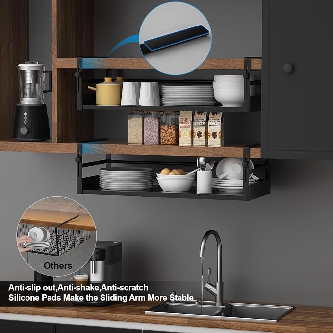 AmonHouseware 2Pack Expandable Under Shelf Storage Basket Organizer,Black | Adjustable Hanging,Length Stretchable13-21Inch,Under Cabinet Shelf for Laundry Room Kitchen Pantry Desk Counter Cupboard - Image 6