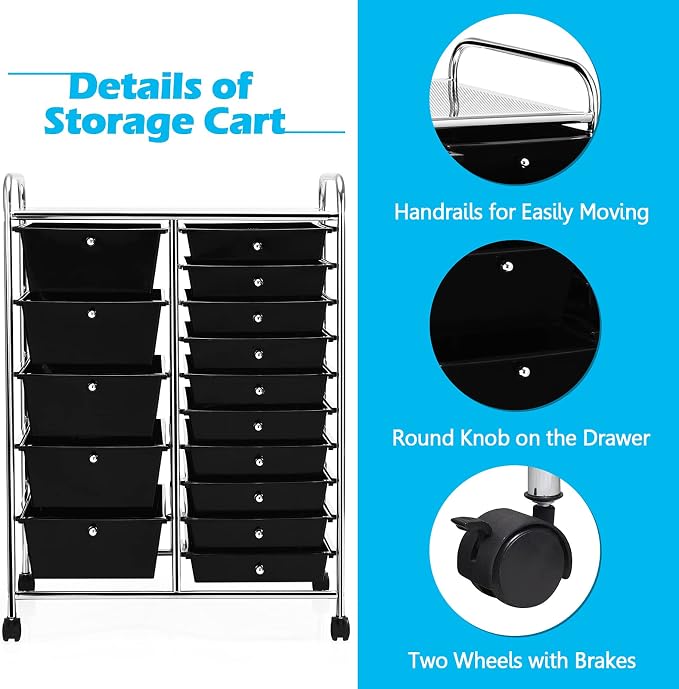 Moccha 15-Drawer Rolling Storage Cart - Under Desk Storage Drawers with wheels for Craft Art Supply Paper Salon, Scrapbook Paper Tools, Mobile Utility Cart for Classroom (15 Drawers, Black) - Image 3