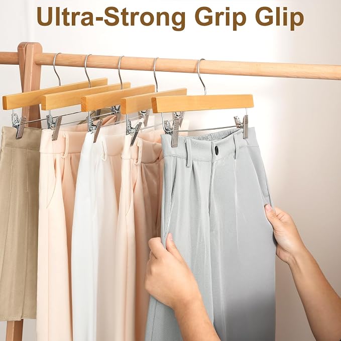 BAGAIL 20 Pack Wooden Pants Hangers with Adjustable Clips, 360°Swivel Hook Space Saving Skirt Holders with Anti-Rust Clips for Trousers, Jeans, Shorts (Natural) - Image 4