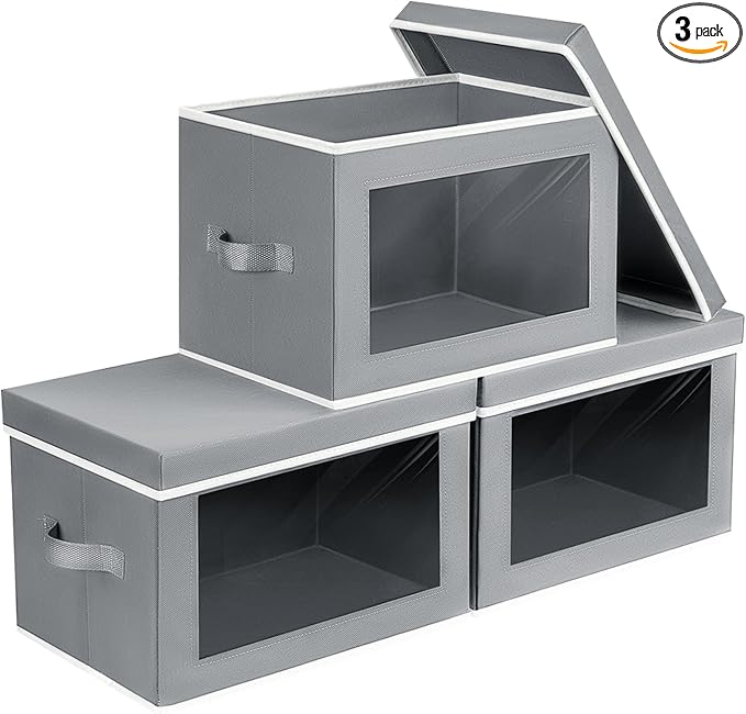 Storage Bins with Lids - Small Fabric Organizers with Window, Collapsible Storage Bins for Clothes, Decorative Closet Organizers for Towels, Tshirt, 3 Pack, Grey by Homsorout