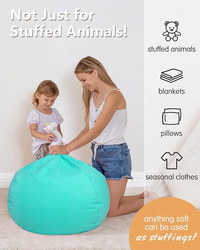 Aubliss Stuffed Animal Bean Bag Storage Chair, Beanbag Covers Only | for Organizing Plush Toys, Turns into Bean Bag Seat for Kids When Filled, Medium 32"-Canvas Solid Aqua - Image 4