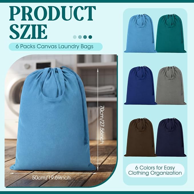 Zhehao 6 Packs Large Canvas Laundry Bags 20" x 28" Cotton Thick Cloth Laundry Bag with Handles & Drawstring Heavy Duty for Basket Hamper college Dorm Apartment Dwellers and Travel(Cool Color) - Image 2