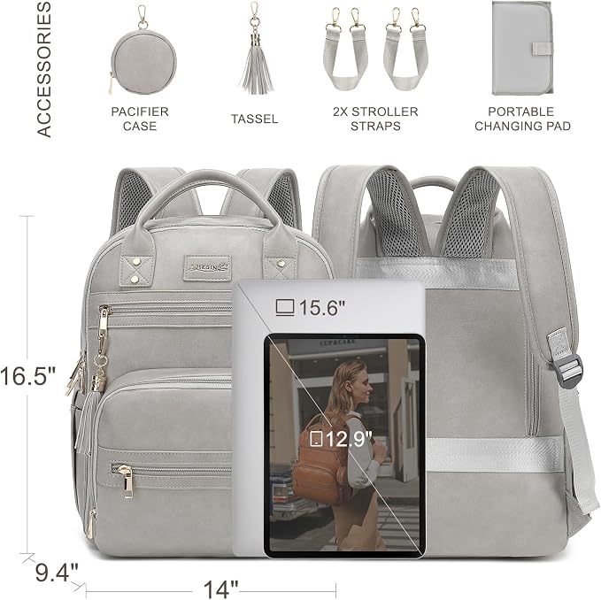 ROSEGIN Premium Vegan Leather Diaper Bag Backpack with Waterproof Changing Pad, Reinforced Zippers & Odor-Free, 20 Pockets Pro Organizer, Fits 15.6" Laptop, Stroller Straps, Baby Bag for Mom, Grey - Image 5