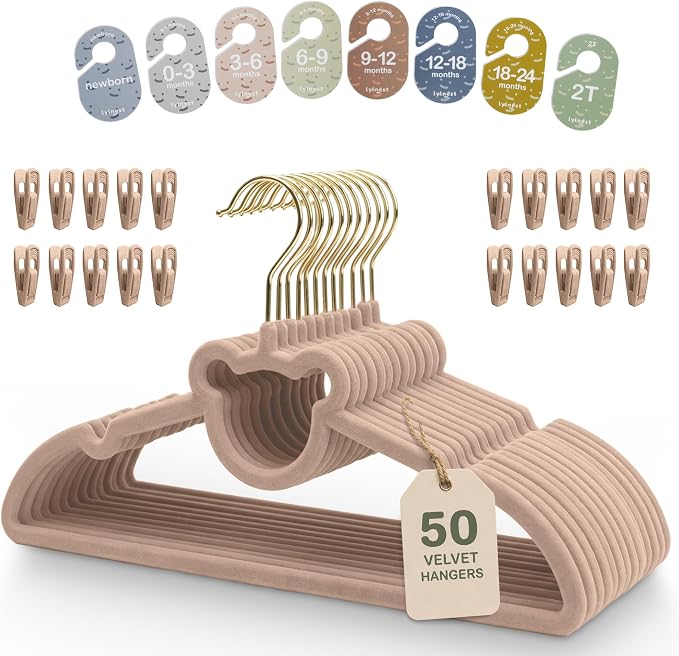 Velvet Baby Hangers with Clips & Size Dividers, 50 Pack | Organize baby clothes from newborn to 2T with 8 size dividers and 20 clips for outfits, pants, and growing wardrobes by Unknown