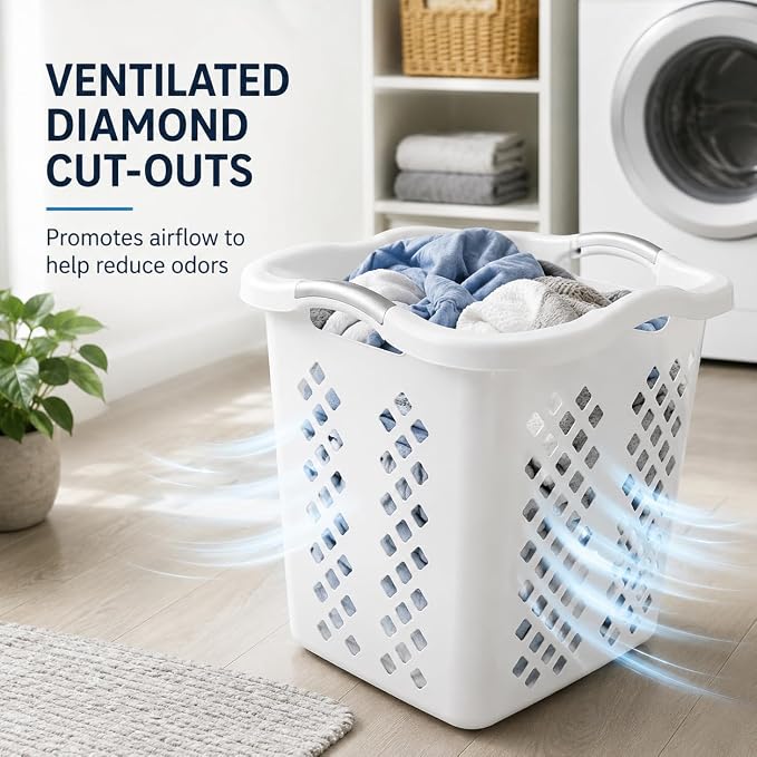 Laundry Basket 2 Pack 2 Bushel Plastic with Handles White | Wide Base and Tall Sides – Stays upright when full. Fits closets and on top of machines. Also organizes toys and sports gear. - Image 5