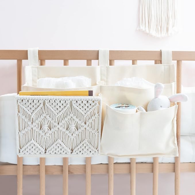 Mkono Macrame Bedside Caddy and Over The Door Organizer Boho Decor Storage for Nursery, Bedroom, Closet, Bathroom, Dorm, Set of 2 - Image 2