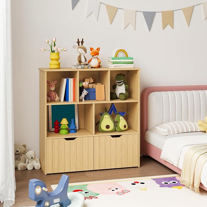 HOOBRO Toy Storage Organizer, Toy Organizers and Storage with 2 Movable Drawers and 5 Cubbies, Kids Bookshelf and Toy Storage for Books or Dolls, Toy Shelf for Playroom, Natural NL88CW01 - Image 4