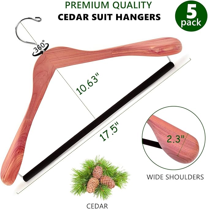Amber Home 5 Pack Cedar Wood Suit Coat Hangers with Extra Wide Shoulder | Wooden Clothes Hangers with Non-Slip Velvet Pant Bar, Natural Cedar Hangers for Coats & Jackets - Image 2