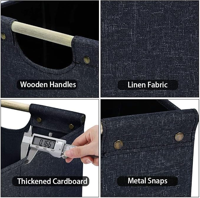 HOONEX Collapsible Storage Bins, 13x13x13in Storage Cubes Linen Fabric, 3 Pack, Storage Baskets with Wooden Carry Handles and Sturdy Heavy Cardboard, for Home, Office, Car, Nursery, Dark Grey - Image 4
