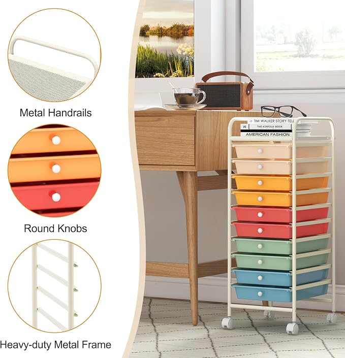 GOFLAME 10-Drawer Rolling Storage Drawer Cart, Utility Cart with Removable Drawers & Metal Frame, Mobile Art Craft Drawer Cart with Lockable Wheels for Home, Office, Studio, School, Macaron Color - Image 7