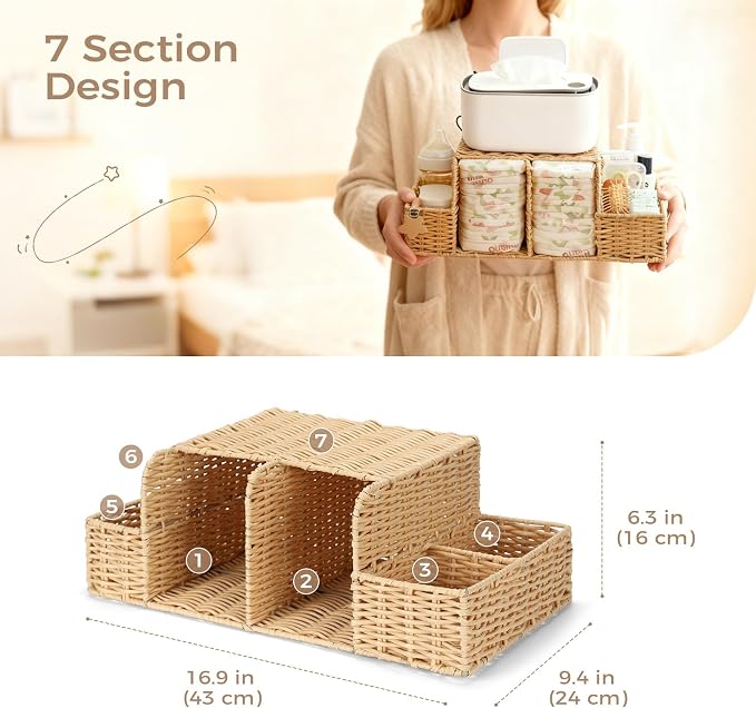 Diaper Caddy Organizer for Changing Table | Rattan Nursery Storage Basket for Baby Essentials, Baby Changing Table Organizer Perfect Nursery Assistant - Image 3