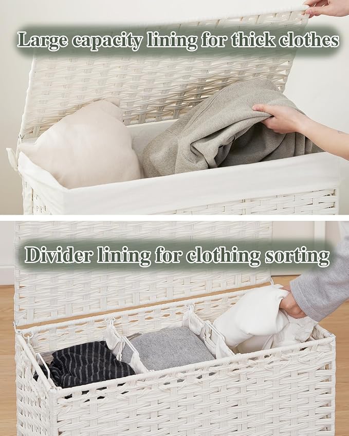 SETVSON Laundry Hamper with Lid Laundry Basket 132 L PE Rattan, White | Large Family Clothes Sorter Trunk with Lid, 3 Compartment Washable Liners, 6 Mesh Bags, Collapsible Steel Frame - Image 3