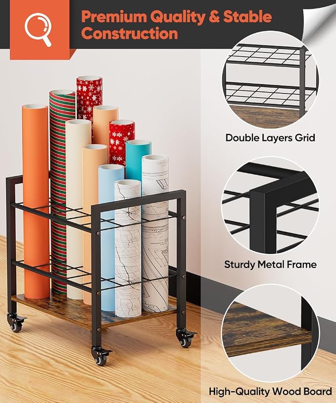 Blueprint Storage Rack Cart, 15 Slots Metal Rolling File Holder with Wheels & Adjustable Pads, Mobile Gift Wrapping Paper Organizer for Maps/Posters/Architectural Construction Plans, Black - Image 5