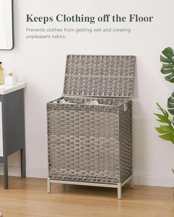SETVSON Laundry Hamper with Lid, 112 L Handwoven PE Rattan Wicker, Gray | 2-Section Large Basket, 2 Removable Liner Bags, Heightened Metal Feet, 6 Mesh Laundry Bags, Foldable Side Handles - Image 2