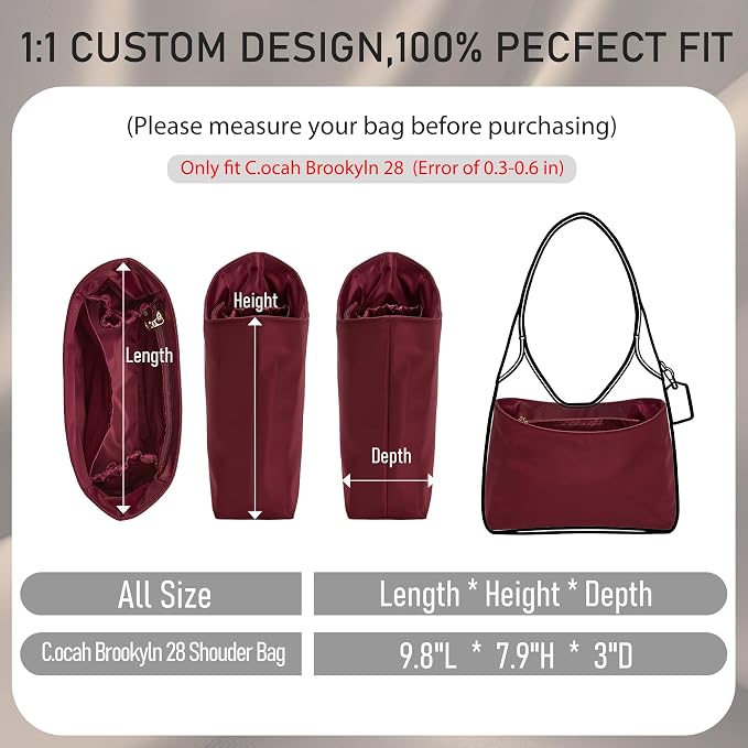 Brooklyn 28 Bag Insert, Purse Organizer Insert for Coach, Nylon Merlot | Waterproof Nylon For Coach Brooklyn Shoulder Bag 28, Lightweight, 5 Compartments Zipper Pocket, Elastic Holders - Image 2