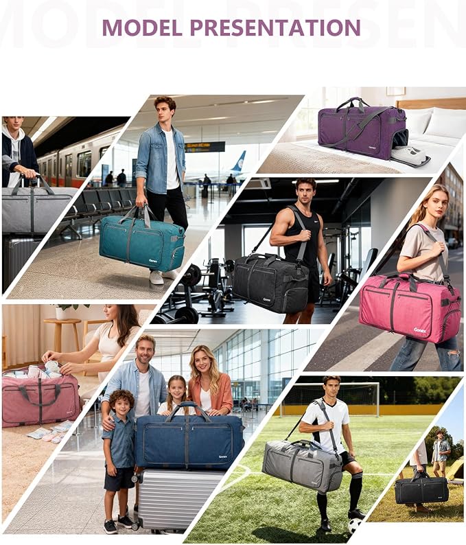 Gonex 100L Foldable Travel Duffle Bag with Shoe Compartment, Lightweight | 210D Nylon, Water-Repellent, Folds Compact, Multiple Pockets, Luggage Sleeve,Family Travel & Camping, Mauve - Image 7