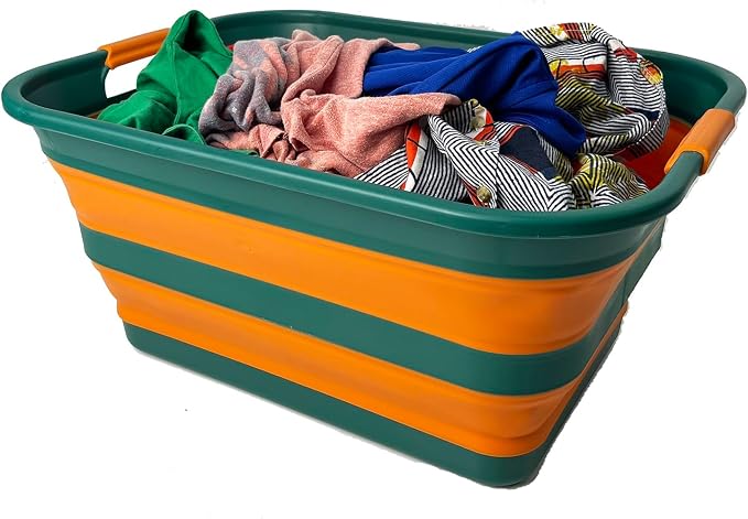 SAMMART Collapsible Plastic Laundry Basket with Handle/Foldable Pop Up Storage Hamper/Portable Laundry Organizer-Space Saving Washing Tub/Household Storage (Teal Green/Autumn leaf, 42L) by SAMMART