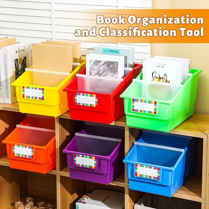 Lineshading 6 Pack Picture Book Organizer Bins with Dividers Large Plastic Book Holders with Labels Multi Purpose Classroom Organization Bins Storage Container (Colorful,8.75" X 13.5" X 7.75") - Image 4
