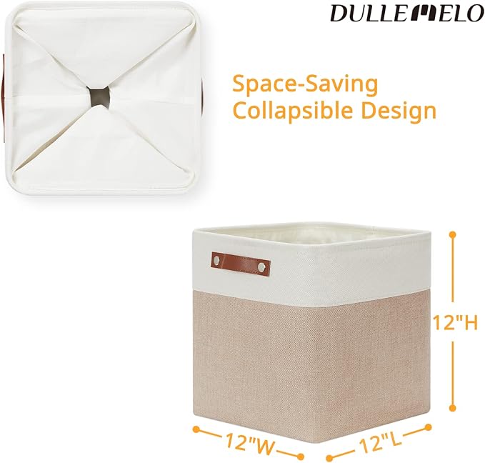 DULLEMELO Cube Storage Bins - 4 Pack Foldable Large Storage Baskets 12 inch Gifts Empty Fabric Bins for Home Office Cubes Organizer Closet, Shelves, Toy, Nursery (4 Pack - 12" White&Khaki) - Image 2