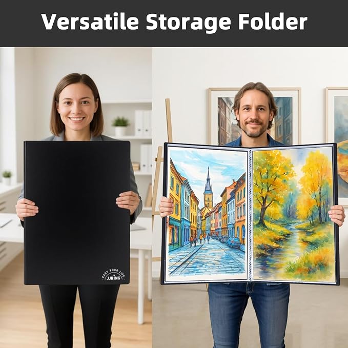 18x24 Black Art Portfolio Folder Displaying 48 Pages with Plastic Sleeves | 24-Pocket Presentation Book Binder For Artwork Storage Featuring Dark Inner Paper Inserts Protective Document Archival Holder - Image 5