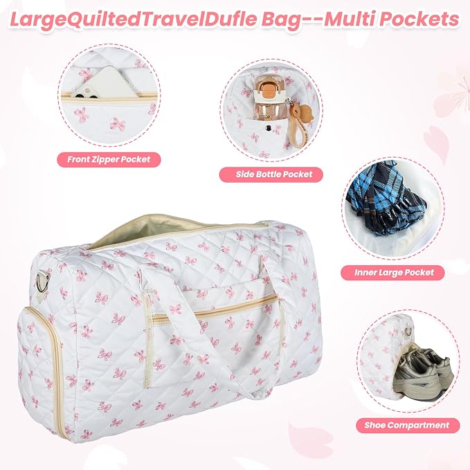 Pink Bow Quilted Duffel Bag 2 Pack Weekender with Shoe Compartment | Women's Overnight Hospital Bag for Labor Delivery, Carry-On Travel Duffel with Toiletry Pouch for Gym & Getaway - Image 3