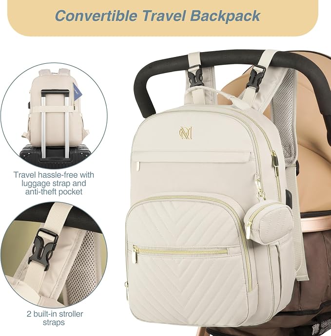 Diaper Bag Backpack, Quilted Baby Bag with Changing Pad and Stroller Straps and Pacifier Case, Multifunction Waterproof Travel Diaper Bags, Unisex, Beige - Image 3