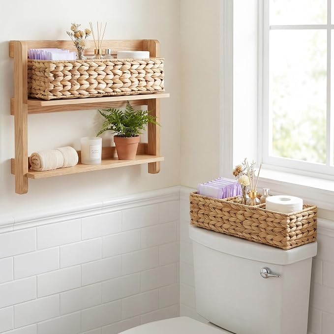 StorageWorks Toilet Paper Basket, Large Toilet Tank Basket, Water Hyacinth | Wicker Basket, Toilet Paper Storage for Back of Toilet Tank, Woven Baskets for Shelves, Wicker Baskets with 3 Compartments - Image 6