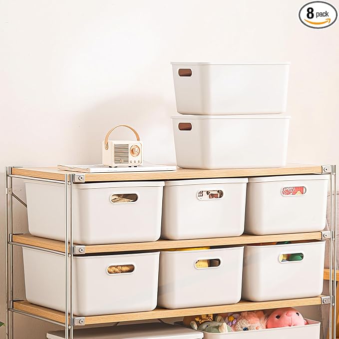8 pack large plastic Laundry Basket/Hamper with lids and handle，White storage bins Baskets，Organizer Containers for Closet Dorm，Clothes Laundry Room Bedroom, Shelves，home (White, 6M+2S) by Gaoaodeyu