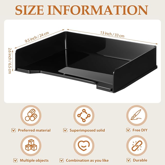 DoubleFill 8 Pcs Stackable Letter Tray Plastic Paper Tray, Black | 13 x 9.5 x 2.6 In, Rectangular, Paper Holder, File Tray for Desktop Office Desk Drawers - Image 3