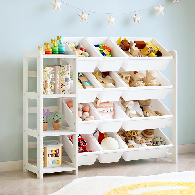 MallBest Toy Storage Organizer with Bookshelf, Kids Wooden Shelf with 12 Removable Bins for Books, Toys, Playroom, Nursery, Bedroom, White, Medium by MallBest