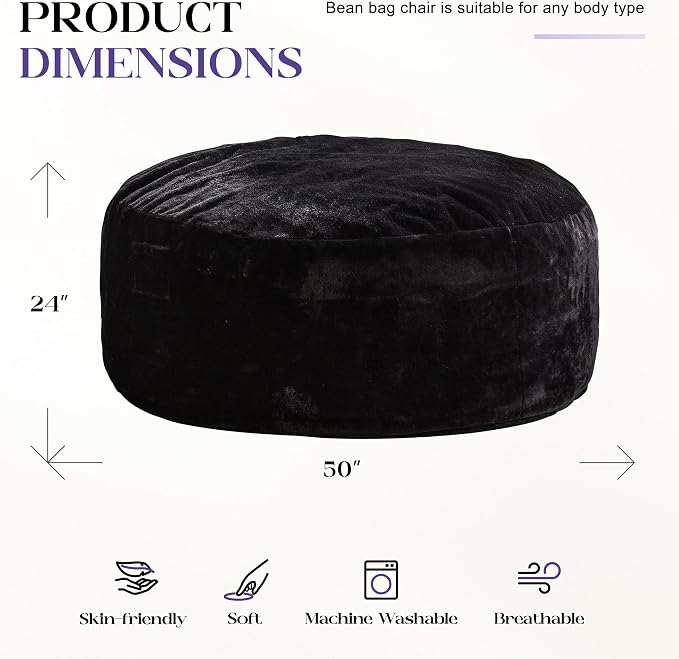 Hobestluk Bean Bag Chair for Adult Giant Beanbag with Filler Black 5FT | Breathable Material Removable Machine Washable Cover Memory Foam Living Room Bedroom Reading Gaming Oversized Large Big - Image 2