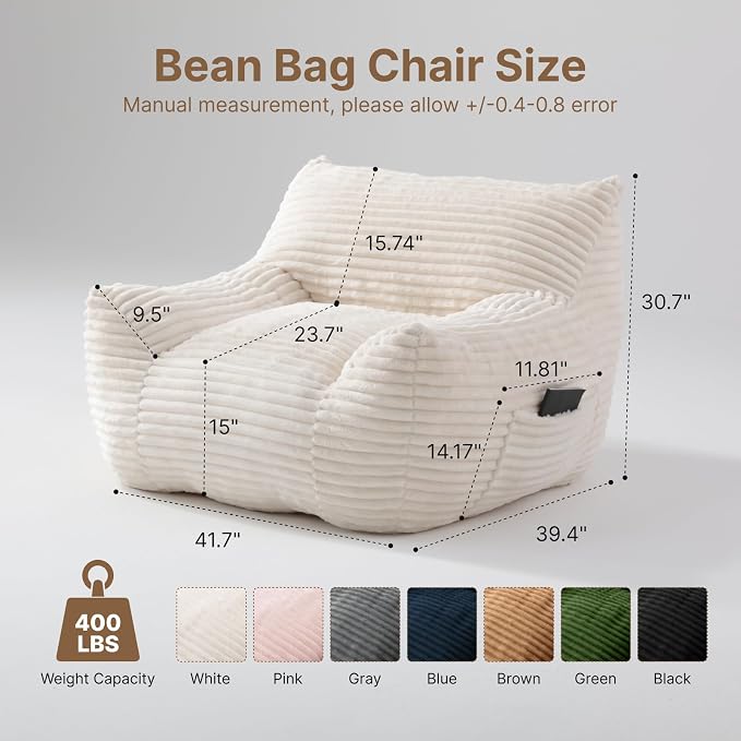 Bean Bag Chair for Adults & Kids, Giant Bean Bag Sofa with Side Pocket, Corduroy Beanbag Chair with Armrests, Comfy Stuffed Floor Sofa for Living Room Bedroom Dorm, White - Image 2