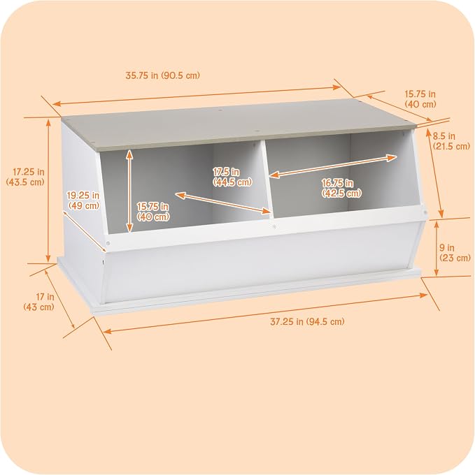 Badger Basket Two Bin Stackable Toy Storage Cubby Organizer – Modular Storage for Toys, Books, and Crafts – Solid Wood Panel – White/Light Gray - Image 4