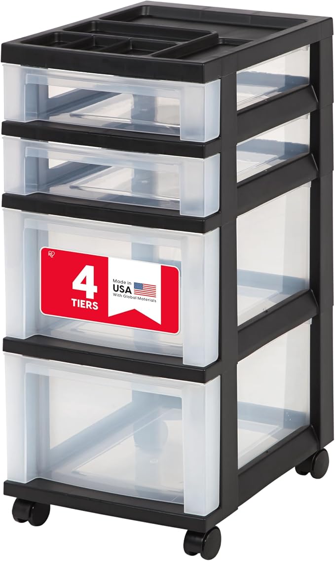 IRIS USA 4-Drawer Rolling Storage Cart, Black/Clear | Keep classroom supplies, teacher essentials, craft materials, and learning tools organized with easy-access drawers. by IRISUSA