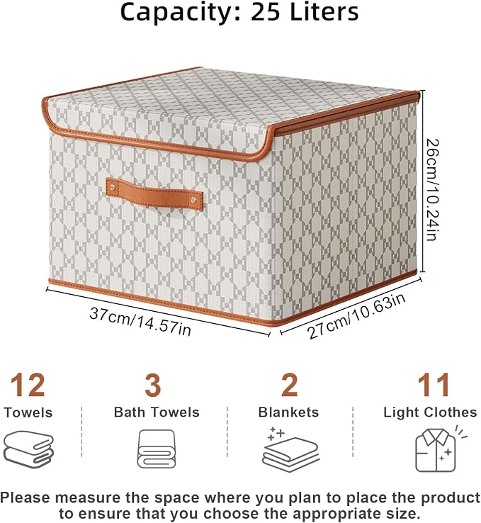 Tuza 2 Pack Fabric Storage Bins with Lids, Collapsible Closet Organizer Container, Decorative Storage Boxes with Lids for Organizing Clothes, Blanket, Grey & White, Medium - Image 2