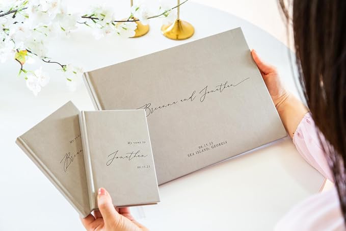 Personalized Wedding Book Set with Guestbook Vow Books (Design 1) - Custom Large 11.5 x 8.5 Guest Signin Book, 5.75 x 4 Vow Books for Marriage Ceremony Reception, Gift for Newly Engaged Couple, Taupe - Image 2