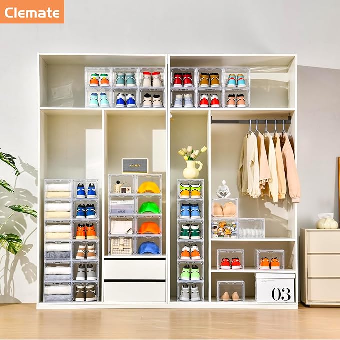 Clemate Upgraded X-Large Shoe Organizer,Shoe Storage Organizer,12 Pack,Shoe Box Clear Plastic Stackable,Drop Front Shoe Box with Clear Door, Shoe Containers For Sneaker Display,Fit up to US Size12 - Image 9