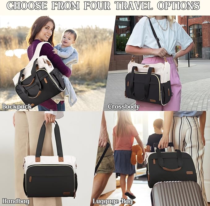 Diaper Bag Backpack Mommy Bag Large Capacity Diaper Backpack Travel Essential Baby Diaper Bag for Mom and Dad, Black (Black & Creamy-White) - Image 2