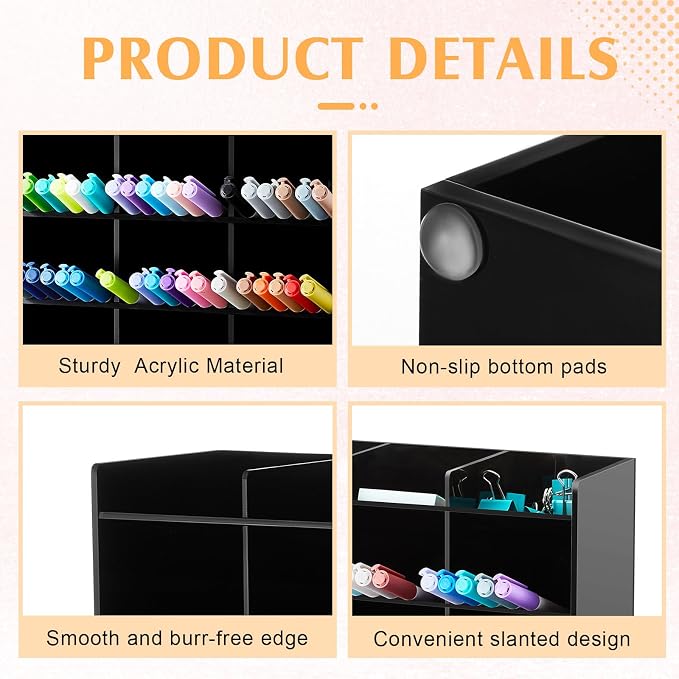 MotiMind Acrylic Pen and Marker Organizer for 150 Markers | 13 Compartments, Vertical Marker Pencil Organizer, Acrylic Pen Display Holder, Art Supply Storage for Desk Stationery, Black - Image 3