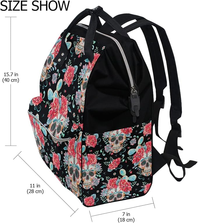 Large Capacity Baby Diaper Bag Watercolor Goth Skull Roses Durable Multi Function Travel Backpack - Image 2
