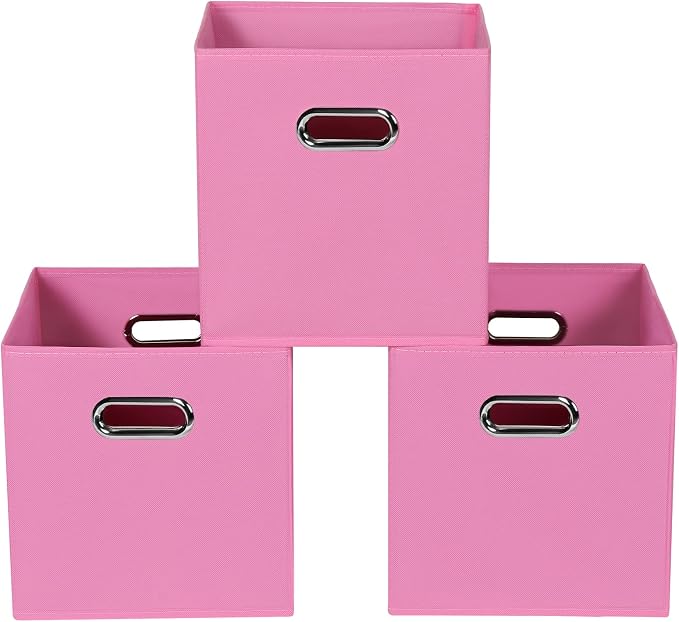 Fabric storage bins Cubes, Fabric Cube Organizer with Handle, Foldable Cube Bins for Cloth or Accessary Storage, 11x11x11, Set of 3, (Pink) by Yunkeeper