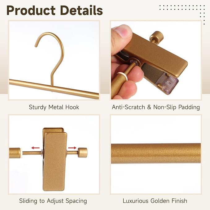 20 PCS Gold Pants Hangers with Clips - Adjustable Metal Skirt and Trouser Hangers with Non-Slip Rubber Padded Clips, Slim Lightweight Sturdy Aluminum Clothes Hangers for Clothes Closet Organization - Image 4
