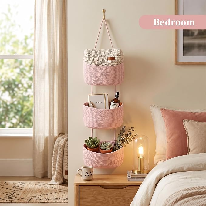 TeoKJ Over the Door Hanging Basket, 3-Tier Woven Cotton Wall-Mounted Storage Organizer Bag Decorative Hanging Nursery Baskets, Pink - Image 6