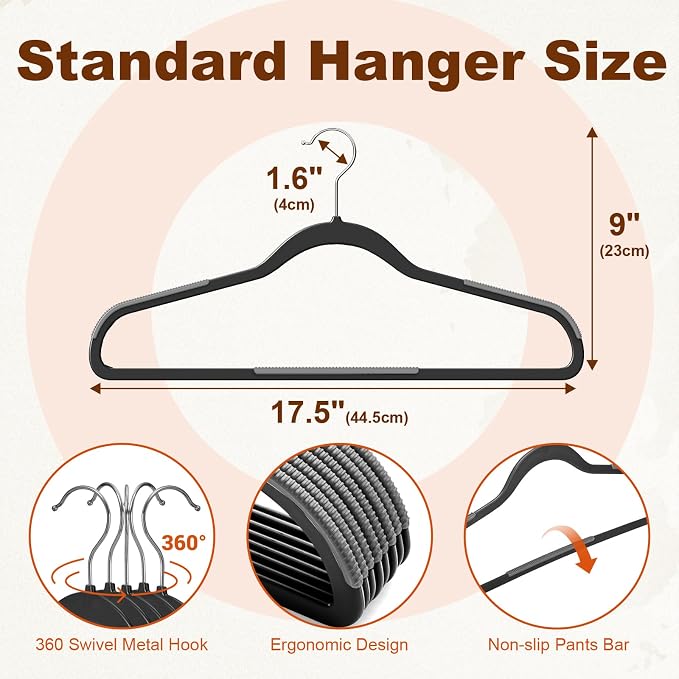 HOUSE DAY Non Slip Plastic Clothes Hangers 50 Pack with Rubber Pads, Black | Space-Saving 0.2-Inch Slim Design; Heavy-Duty and 360° Swivel Hooks Keep Shirts, Coats, Suit, Blouse and Pants Organized - Image 2