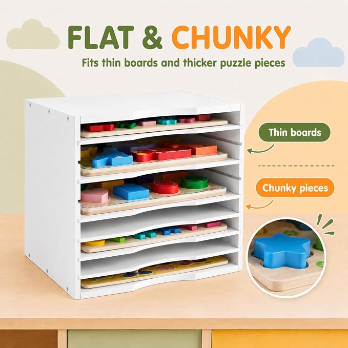 Ripeng 2 Pack 7-Tier Bamboo Puzzle Holder Rack, Adjustable Storage Organizer for Flat and Thick Jigsaw Puzzles, Space Saving Desktop Shelf, Gift for Craft Jigsaw Puzzle Lovers (White) - Image 5